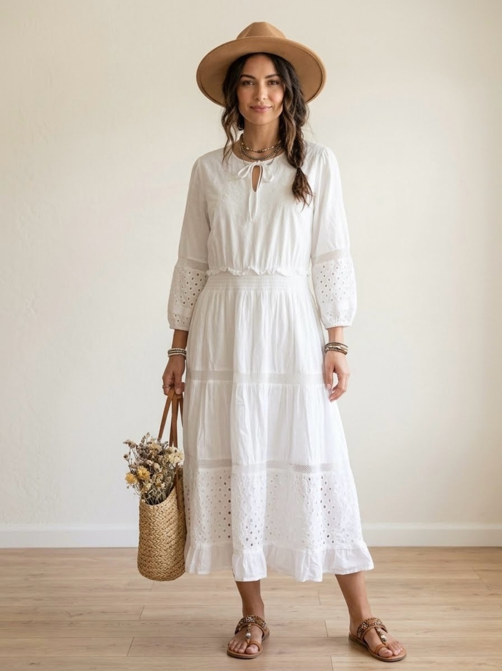 Cupio White Eyelet Lace Tiered Midi Dress Long Sleeve Boho NWOT Size M